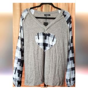 Buffalo Print Sleeve pearl Embellished Heart Shirt